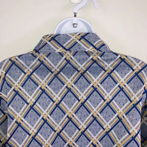 Vintage 70s Shirt Top Womens L Blue Yellow Check Double Knit Polyester - Picture 4 of 5